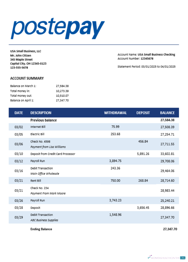 Download Postepay Evolution (Poste Italiane) enterprise statement Word and PDF format Photoshop template